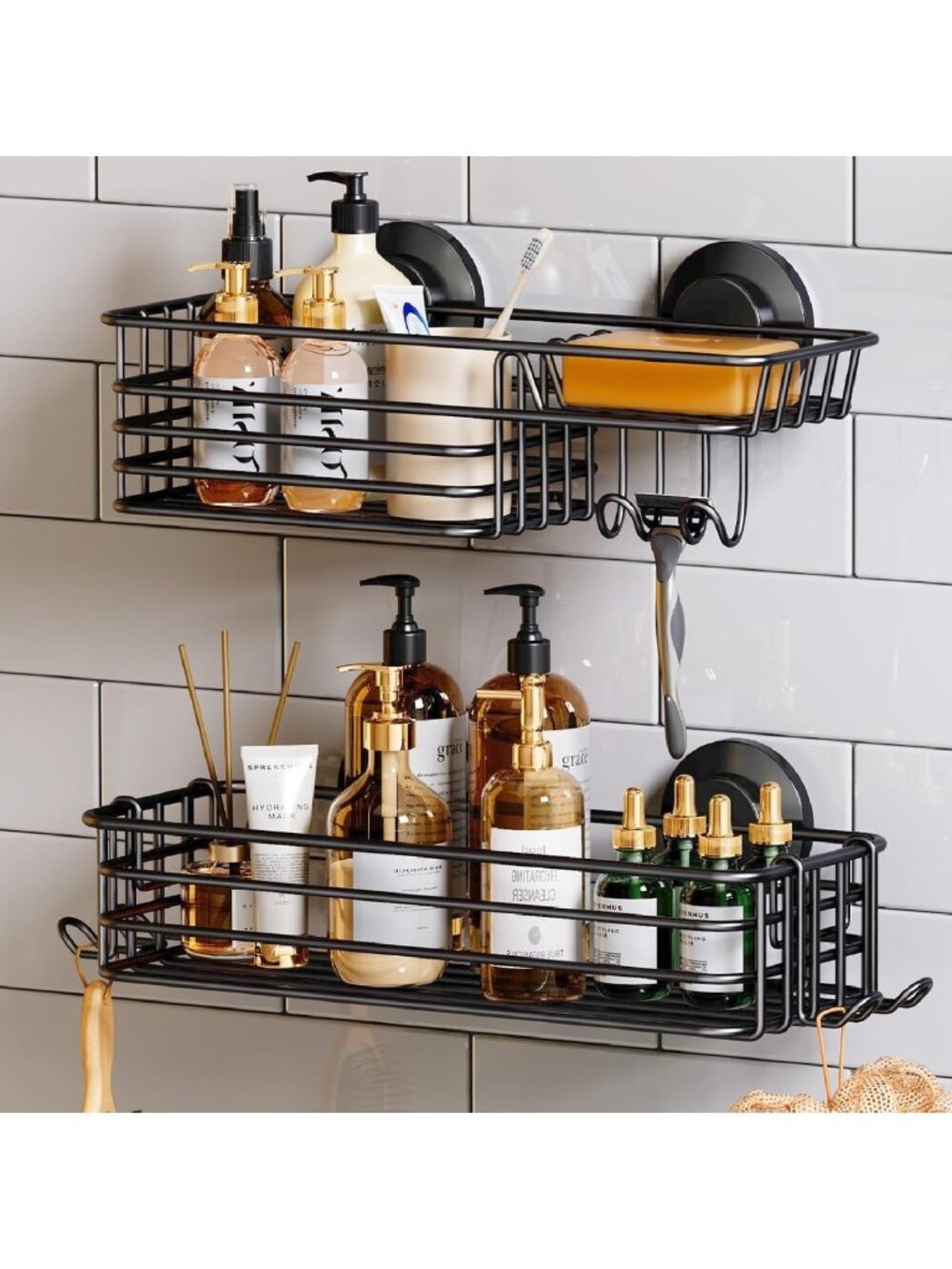 2-Pack Suction Cup Shower Caddy with Hooks & Soap Holder - Black Bathroom